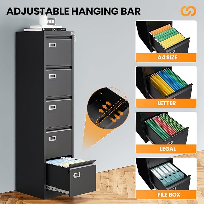 5 Drawer File Cabinet with Lock, Metal Filing Cabinets for Home Office, Vertical Black Locking File Caninet, Steel Narrow Five Drawer File Cabnet for Letter/Legal / A4 / B4- Assembly Required