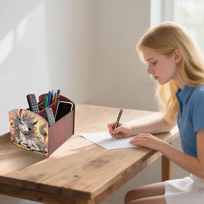 Diamond Painting Wooden Desk Organizer Donkey Design, DIY Diamond Art Storage Box for Home Office Tabletop, Decorative Wooden Craft Organizer for Stationery & Accessories