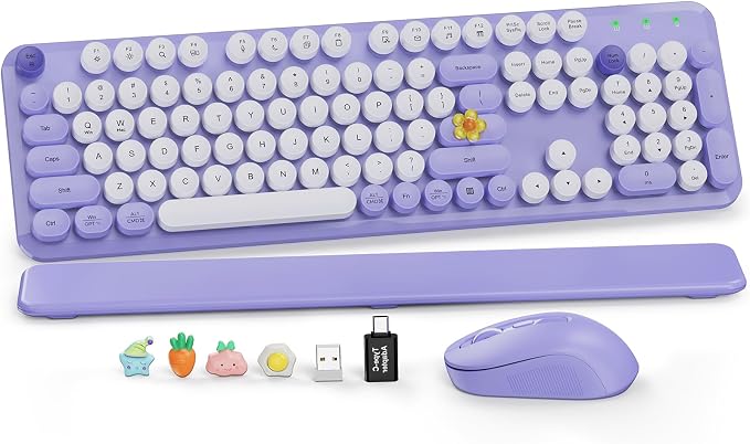 Wireless Keyboard and Mouse Combo, Full-Size Retro Typewriter Keyboard with Round Keycaps, Detachable Magnetic Wrist Rest, Tilt Legs, 2.4GHz Cordless for Mac, Windows PC, Laptop, SABLUTE CK23, Purple