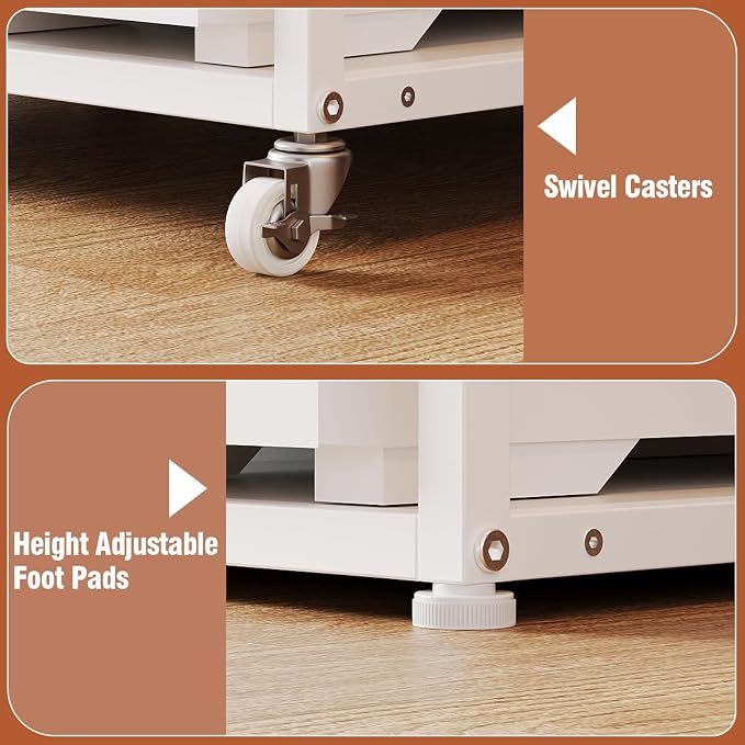 VEDECASA Mobile High Printer Stand with Power Outlet Charging Plugs USB Port Office Storage Shelf Includes Computer Tower CPU Stand Holder with Wheel (White)