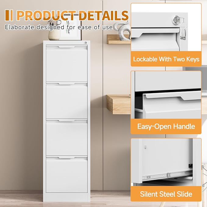4-Drawer Metal File Cabinet with Lock,Steel Printer Stand with Storage for Home Office,Vertical Filing Cabinet for Legal/Letter/A4 Files,Assembly Required