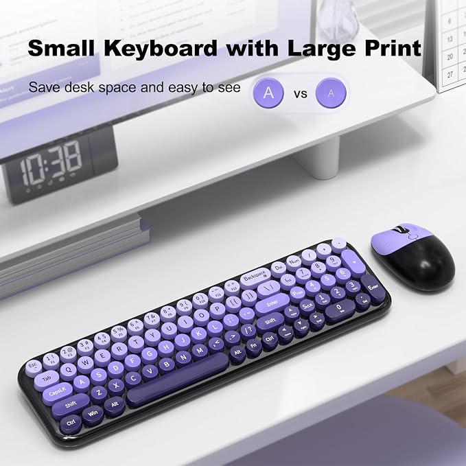 Wireless Keyboard and Mouse Combo, Meidosa 2.4GHz Colorful Full-Size Retro Typewriter Keyboard with Cat Shape 3 Level Adjustable Optical Mouse for PC/Desktop/Laptop/Windows (Black Purple)