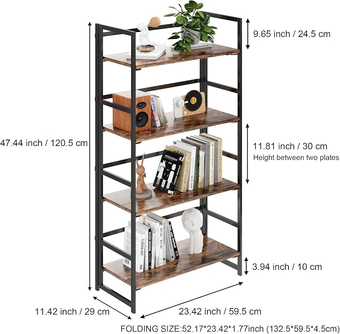 BHG Vintage Multifunctional Folding Bookshelf, No-Assembly Plant Stand Storage Rack Shelves for Home Office (Fire, 4-Tier)