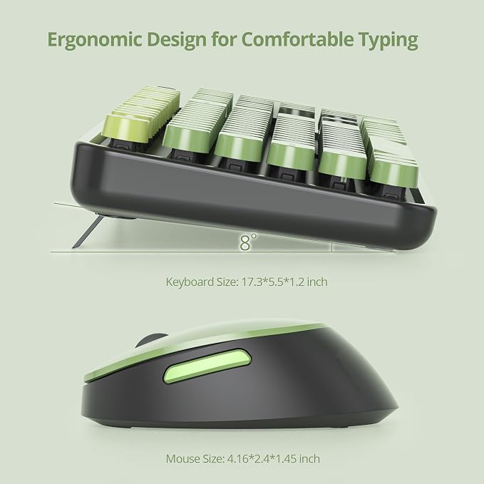 Guffercty kred Dark Green Keyboard and Mouse Wireless, Retro Typewriter Cute Colorful Wireless Keyboard Full-Size 2.4GHz with Round Keycaps for Desktop Laptop and PC(Black Green)