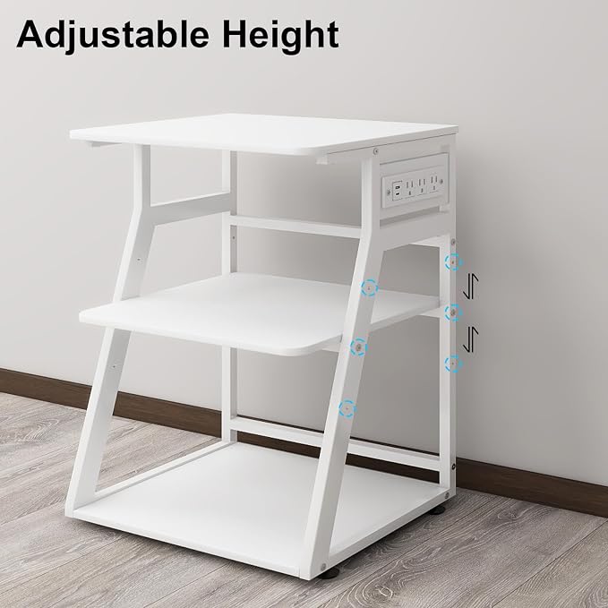 Natwind 23.6"x19.7" Large Printer Stand,3 Tier Printer Table with Charging Station, Rolling Cart with Adjustable Storage Shelf for Home Office Organization, Stand for Heat Press,3D Printer (White)