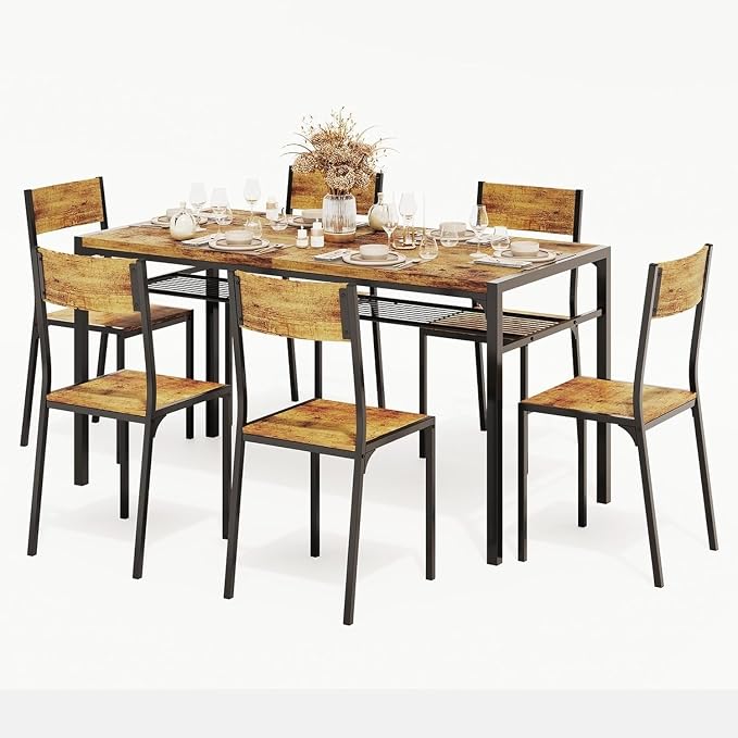 Gizoon Dining Table Set for 6 with Chairs, 7-Piece Kitchen Table Set for Small Space, Apartment, Kitchen, Dining Room, Space-Saving