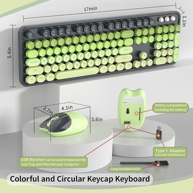 Wireless Keyboard and Mouse, MOFII 104 Round Keycaps Retro Typewriter with OTG & Brush, Full-Size Ergonomic, Ideal for Windows PC, Home, Office and College Gray Green