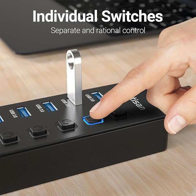 Powered USB Hub, 11-Port USB 3.0 Hub Splitter - 10 USB 3.0 Data Transfer Ports + 1 Smart Charging Port, USB Hub 3.0 Powered with Individual LED On/Off Switches and 5V/4A Power Adapter