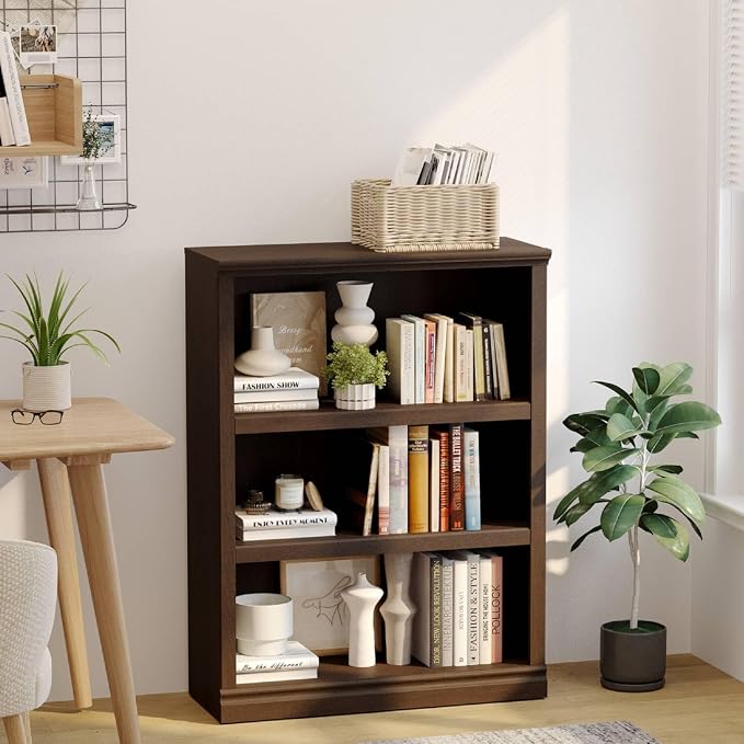 blini 3-Shelf Bookcase Wooden Bookshelves Dark Cherry 33in Wide Floor Standing Display Storage Shelves Tall Bookcase for Home Office, Living Room, Bed Room