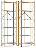 ALANNG 73.6 Inch Folding Bookshelf, 6 Tier Metal Bookcase and Bookshelves, Tall Shelves for Living Room Office Bedroom, Heavy Duty Book Shelve Free Standing Open (Gold, 2PACK)