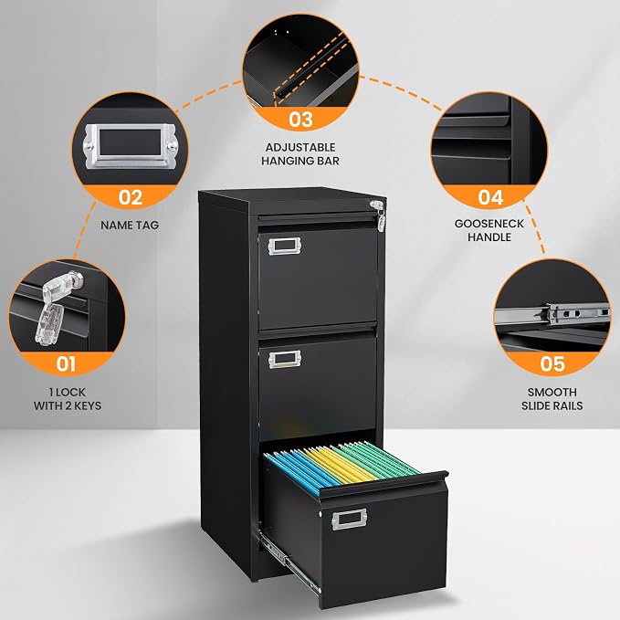 3 Drawer File Cabinet with Lock, Metal Filing Cabinets for Home Office, Vertical Black Locking File Caninet, Steel Narrow Three Drawer File Cabnet for Letter/Legal / A4 / B4- Assembly Required