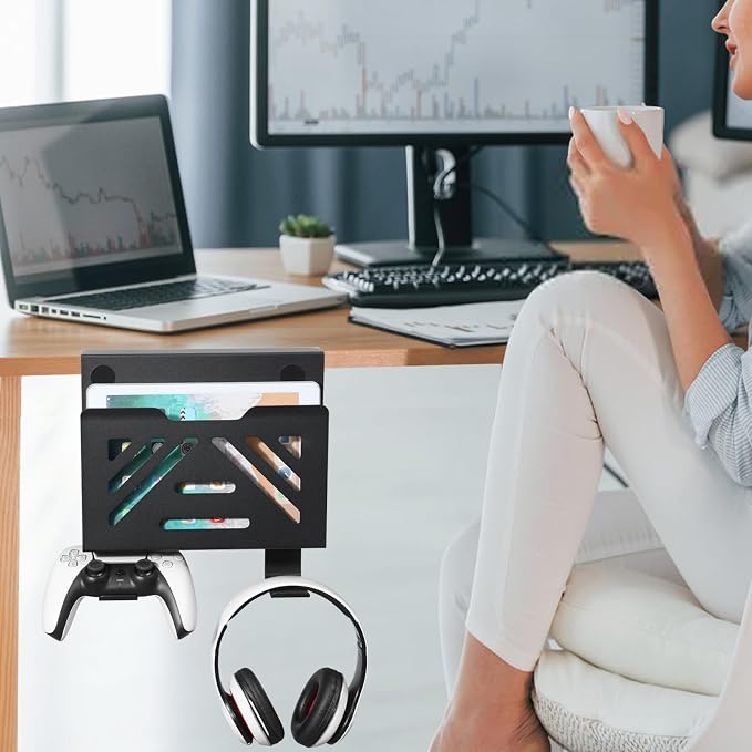 MAXECHO Desk Side Storage, Under Desk Laptop Mount, Table Side Hanging File Organizer, No Drill Clamp On Cable Management Tray, Laptop Holder with 2 Hooks for Office and Home, Load 22 Lbs