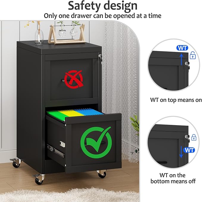 Small Metal 2-Drawer File Cabinet, Under Desk Office Cabinet, Black | Rolling, Locking, Adjustable Hanging Rail, Fit A4, FC, Letter, Hanging File Folders for Home Office Storage Organization, 2PS