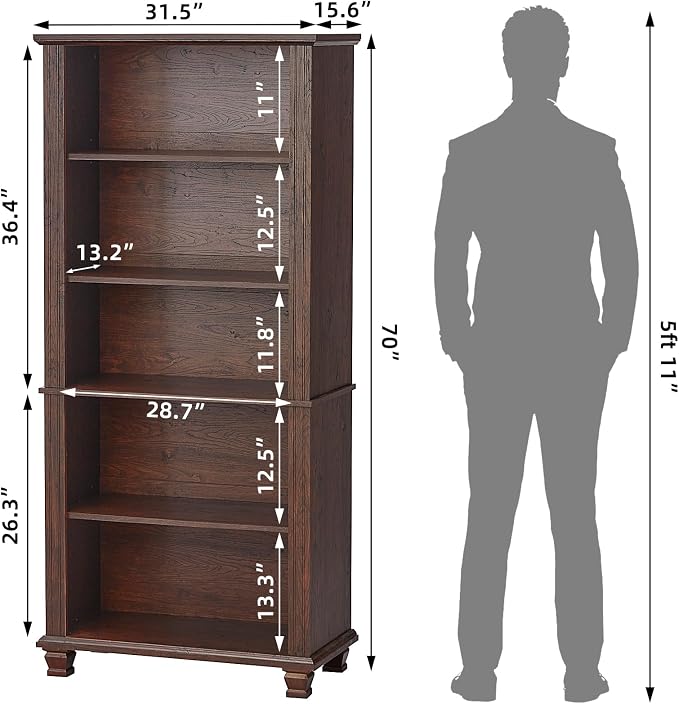 SAVOR LIFE 70" Tall Walnut Bookshelf,5 Tier Wooden Book Shelf with Adjustable Shelves & Wood Legs,Free Standing Farmhouse Bookcase with Open Display Storage,Vintage Bookshelves for Classroom, 2PCS