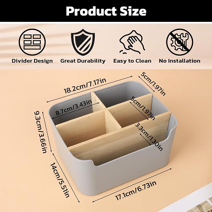 Segarty Gray Desk Storage Organizer, Detachable Divided Bamboo Remote Control Holder Caddy, Desktop Pen Pencil Holder Container Box for Office Supplies Home Bedside Table