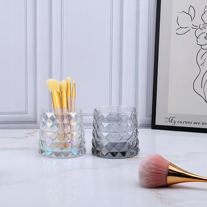 DASITON Glass Makeup Brush Holder Organizer, Diamond Pattern Cosmetic Storage Cup, Makeup Organizer for Vanity, Bathroom Countertop Toothbrush Holder, Desk Pen Pencil Holder (Amber)