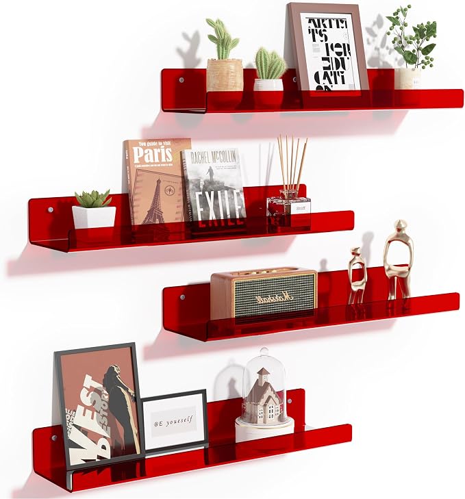 upsimples Acrylic Shelves for Wall Decor, 15" Display Shelf Perfume Organizer for Bathroom, Bedroom, Living Room, Floating Bookshelves for Kids, Clear Red, 4 Pack