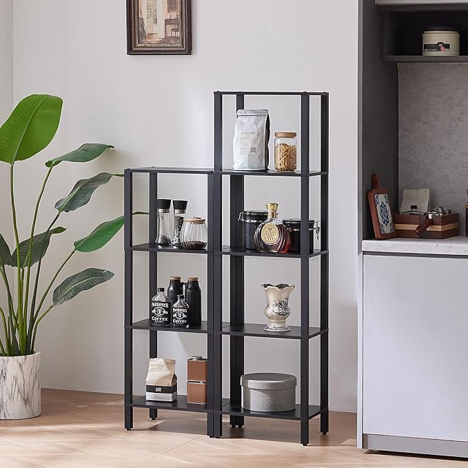 YUFAM 4 Tier Tall Wooden Bookshelf with Storage - Small Bookcase for Small Spaces, Shelf for Living Room, Office, Bedroom, Kitchen - Industrial Modern Black Book Shelf