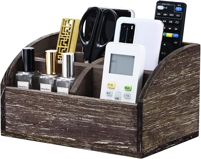 OKSQW Wood Desk Organizer, Solid Wooden Dark Brown Pen Holder for Desktop Organizer, No Need Assembly, Home Office Supplies Workspace Organizers Mail Holder Remote Control Countertop Storage Box