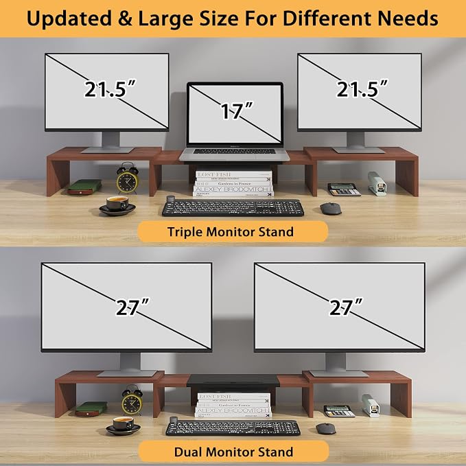 WESTREE Triple Monitor Stand Riser - Extra Long, Adjustable Length & Angle, 3 Shelf Desktop Storage for 1-3 Monitors