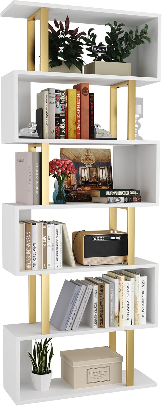 Yusong Geometric Bookcase, S Shaped Bookshelf 6-Tier Book Shelves for Bedroom, Modern Wood Decorative Display Shelf Tall Book Case for Home Office, Gold and White