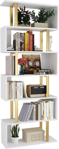 Yusong Geometric Bookcase, S Shaped Bookshelf 6-Tier Book Shelves for Bedroom, Modern Wood Decorative Display Shelf Tall Book Case for Home Office, Gold and White