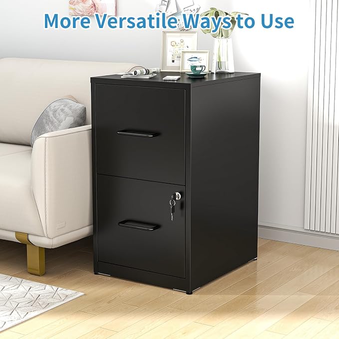 2 Drawer File Cabinet with Lock, Metal Vertical File Cabinets for Home Office, Office Furniture for Organization Hanging Legal/Letter/A4, Office File Cabinet Storage Cabinet, Require Assembly, Black