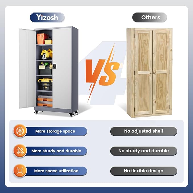 Yizosh Metal Garage Storage Cabinet with Locking Doors and Adjustable Shelves,- 75" Rolling Steel Tool Cabinet for Home Office,Garage,Warehouse