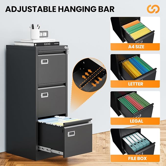 3 Drawer File Cabinet with Lock, Metal Filing Cabinets for Home Office, Vertical Black Locking File Caninet, Steel Narrow Three Drawer File Cabnet for Letter/Legal / A4 / B4- Assembly Required