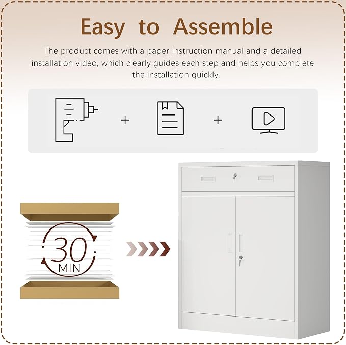 36" H Metal Cabinet, Garage Storage Cabinet, Locking Storage Cabinet, Metal Cabinets with Doors and Shelves for Home, School, Office, Garage, White