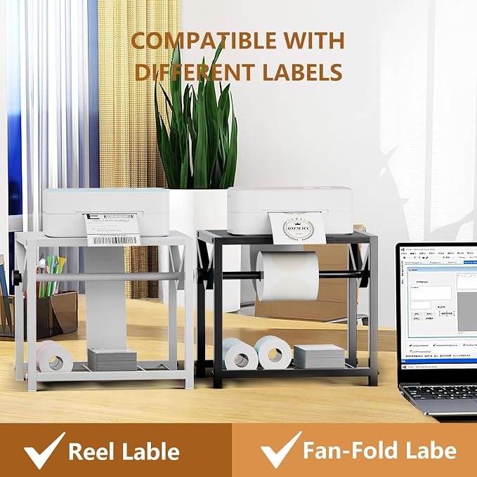 Label Holder for Rolls and Fanfold Labels, Wooden & Metal Thermal Sticker Label Printer Holder for Desktop, Sticker Roll Holder for Home Office Small Business Essentials, White
