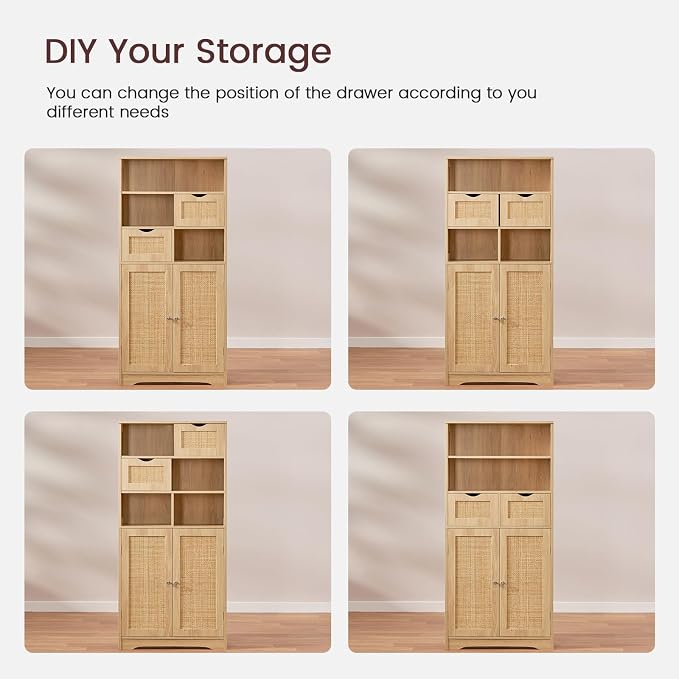 Iwell Tall Storage Cabinet, Rattan Cabinet with 2 Drawers & Adjustable Shelf, Kitchen Pantry Storage Cabient, Entryway Cabinet for Living Room, Dining Room, Home Office, Natural