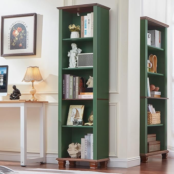 SAVOR LIFE Narrow Green Book Shelf, 70" Tall Skinny Bookshelf with Adjustable Shelves & Wooden Legs, Farmhouse Wood Bookcase w/5-Tier Open Storage, Free Standing Book Case for Office,Living Room,3PCS