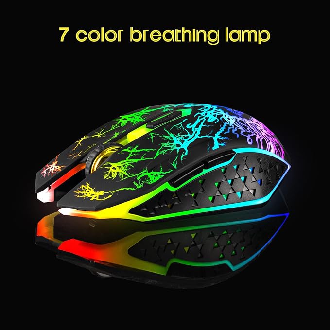 VEGCOO Wireless Gaming Mouse, Rechargeable Gaming Mouse, Silent Optical Mice with 2.4G USB Receiver, 3 Level DPI, 6 Buttons, 7 Colors LED Lights for PC/Mac Gamer, Laptop and Desktop