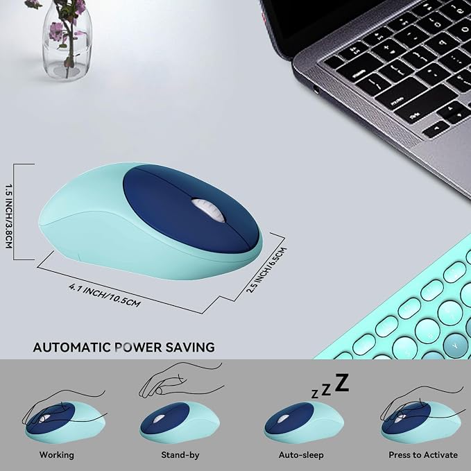 FD Wireless Keyboards and Mouse Combo - 2.4GHz USB Cordless, Cute Wireless Keyboard Round Keys, Quiet and Slim Set for Laptop, Computer, TV and Mac - Indigo Blue Colorful