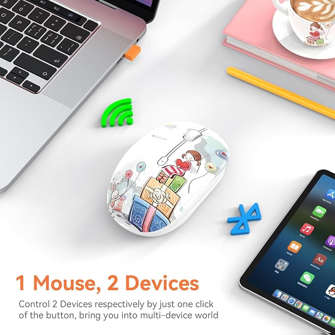 FMOUSE Cute Bluetooth Mouse, 2.4 GHz Wireless Mice with USB Receiver for Laptop, iPad, Mac, Silent Cartoon Mouse Suitable for Female and Students (Girl)