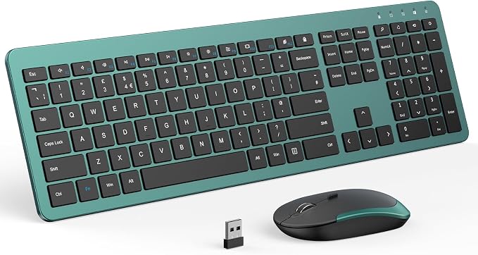Wireless Keyboard and Mouse Combo, Full Size Slim Thin Cordless Keyboard Mouse with Numeric Keypad, Quiet Computer Keyboard Mice Set 2.4G Stable Connection Adjustable DPI (Green)