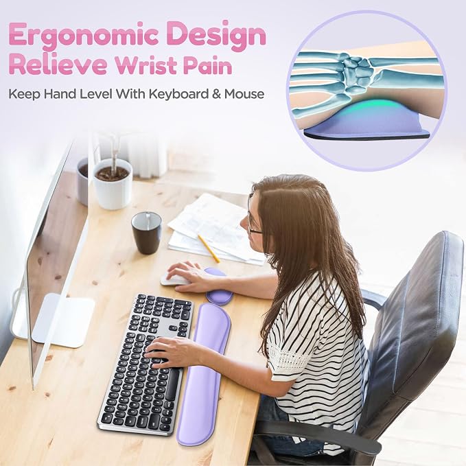 Gimars Upgrade Enlarge Gel Memory Foam Set Keyboard Wrist Rest Pad, Mouse Wrist Cushion Support for Office, Computer, Laptop, Mac, Comfortable, Lightweight for Easy Typing Pain Relief, Purple