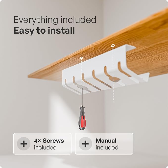 PAMO Cable Management Under Desk for Easy mounting Under-Table I Set of 2 - with 10X Cable Ties I Desk Organizer for Office/Home Office Table Thoughtful Cable Tray Holder