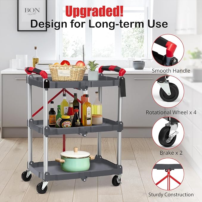 PioneerWorks Folding Utility Service Cart, Collapsible Cart with Wheels, 3 Tier Rolling Utility Cart, Folding Cart with Wheels Collapsible, Service Cart for Tool, Grocery, Bar, Kitchen, Office
