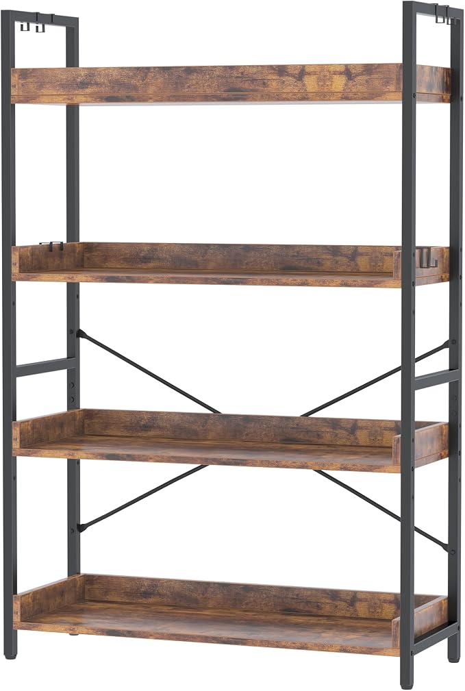 HCHQHS 4 Tier Bookshelf, Adjustable Industrial Bookcase, Vertical Tall Book Shelf, Wood and Black Metal Open Bookshelves for Home Office, Living Room, Bedroom