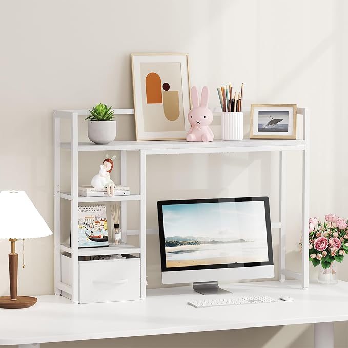 Marbrasse Desk Shelf with Drawer, 40" Desk Hutch for Computer Monitor, Desk Shelf for top of Desk, Wooden Desktop Bookshelf Storage Rack for Home Office Dorm - White