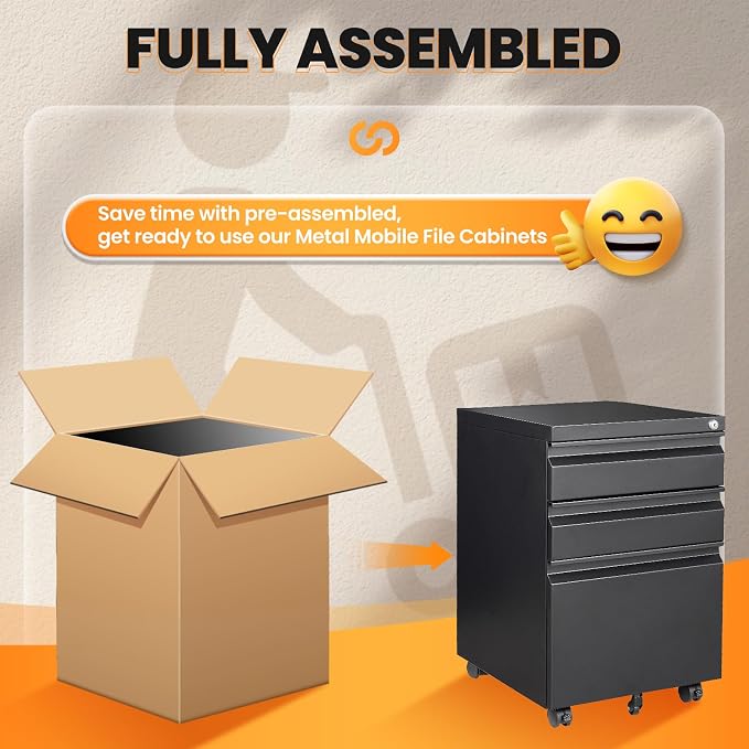 3 Drawer File Cabinet, Fully Assembled Mobile File Cabinets with Lock for Home Office, Metal Rolling Filing Caninet on Wheels, Three Drawer Under Desk Cabnet for Letter/Legal / A4 - Black