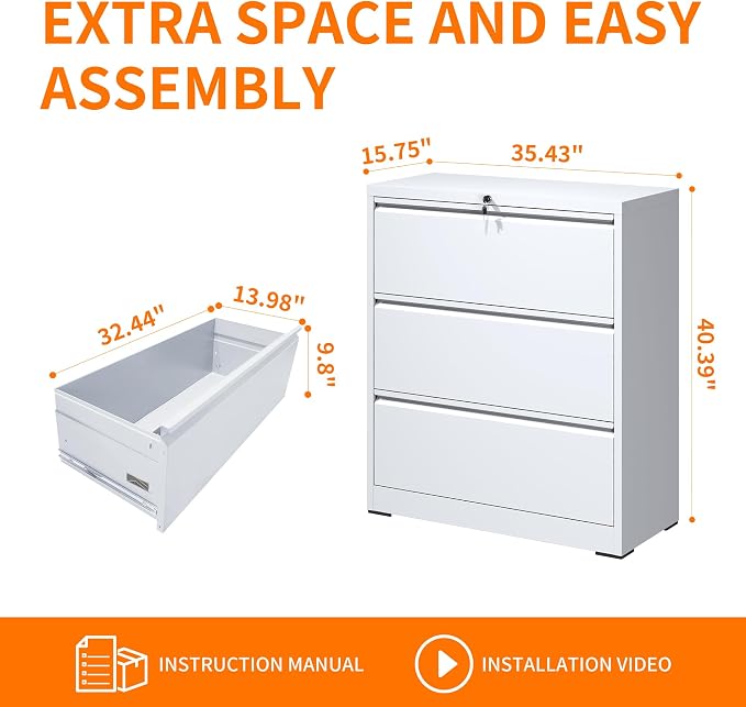 Locking Filing Cabinet with 3 Drawer Heavy Duty Large Metal Cabinet Home Office Lateral File Cabinets Wide Steel Cabinets for Legal/Letter Size File,Assembly Required