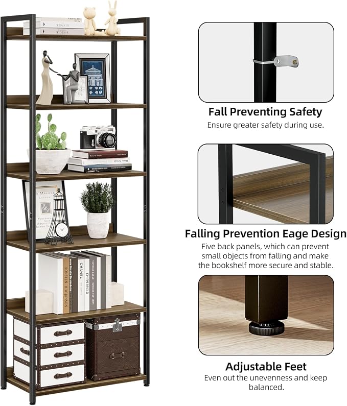 NUMENN Bookshelf, 6 Tier Bookshelves, Home Office Bookcase Shelf Storage Organizer, Free Standing Storage Shelving Unit for Bedroom, Living Room and Home Office, Dark Walnut