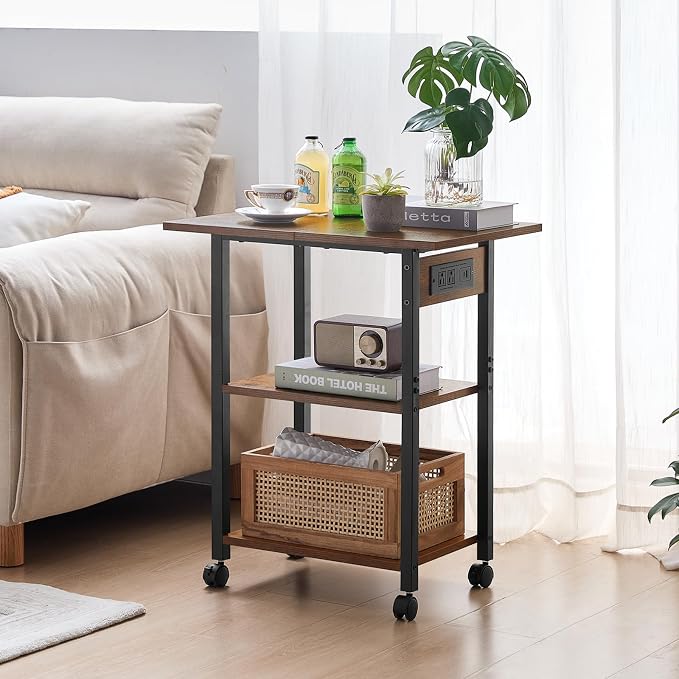 Lerliuo 3-Tier Printer Stand with Charging Station, Industrial Mobile Printer Table with Storage Shelf and Steel Frame, Rolling Printer Cart Holder with Lockable Wheels for Home, Office (Brown)