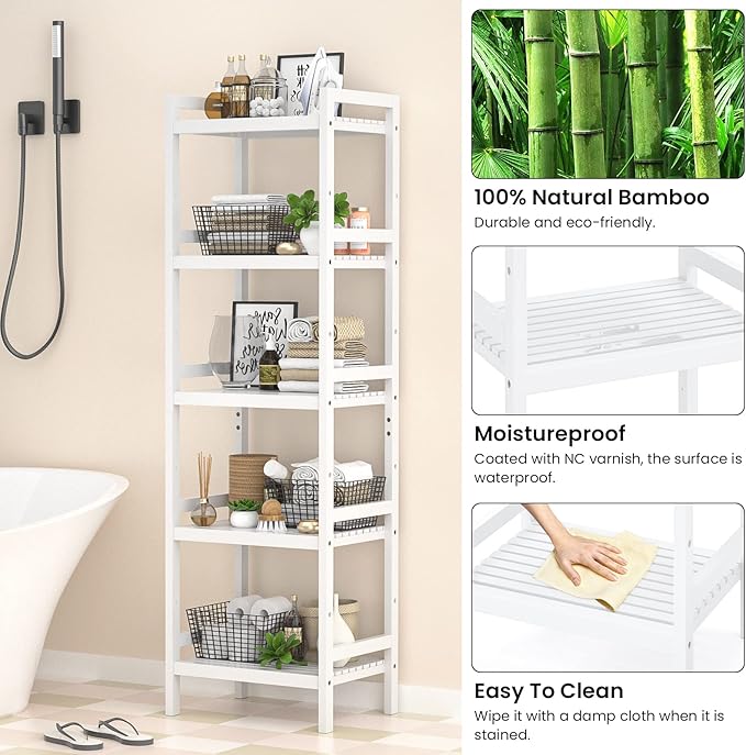 Homykic Bamboo Bookshelf, 5-Tier Narrow 55.9” Adjustable Book Shelf Bookcase Bathroom Shelves Freestanding Storage Stand for Living Room, Bedroom, Kitchen, Rust Resistance, Easy Assembly, White
