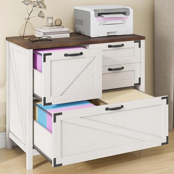 Halitaa Lateral File Cabinet with 4 Drawers Farmhouse File Cabinet for Letter/Legal/A4 Size Hanging Files, Large Wood File Storage Cabinets Printer Stand for Home Office Cabinet, Rustic White