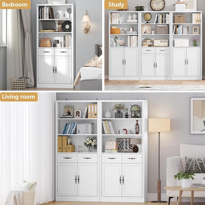 Thacuok 72'' Tall Bookcase with Doors and Drawers, Adjustable Shelves, P2 MDF Construction, 32'' Wide Freestanding Cabinet with Metal Handles, Hidden Storage for Living Room, Bedroom