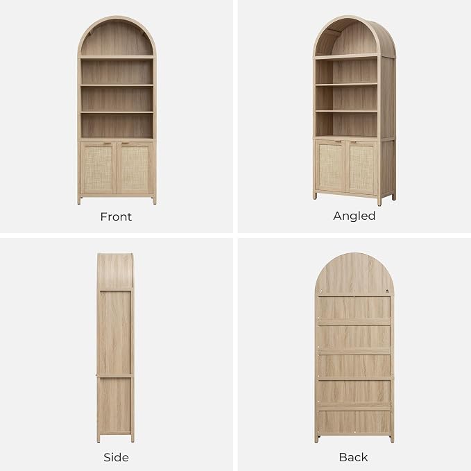 SICOTAS Book Shelf Arched Cabinet Bookshelf Arch 84.2" Tall Bookcase 5 Tier Large Bookshelves with Doors Storage Rattan Boho Wide Book Shelves Case for Living Room Kitchen Office Bedroom Library